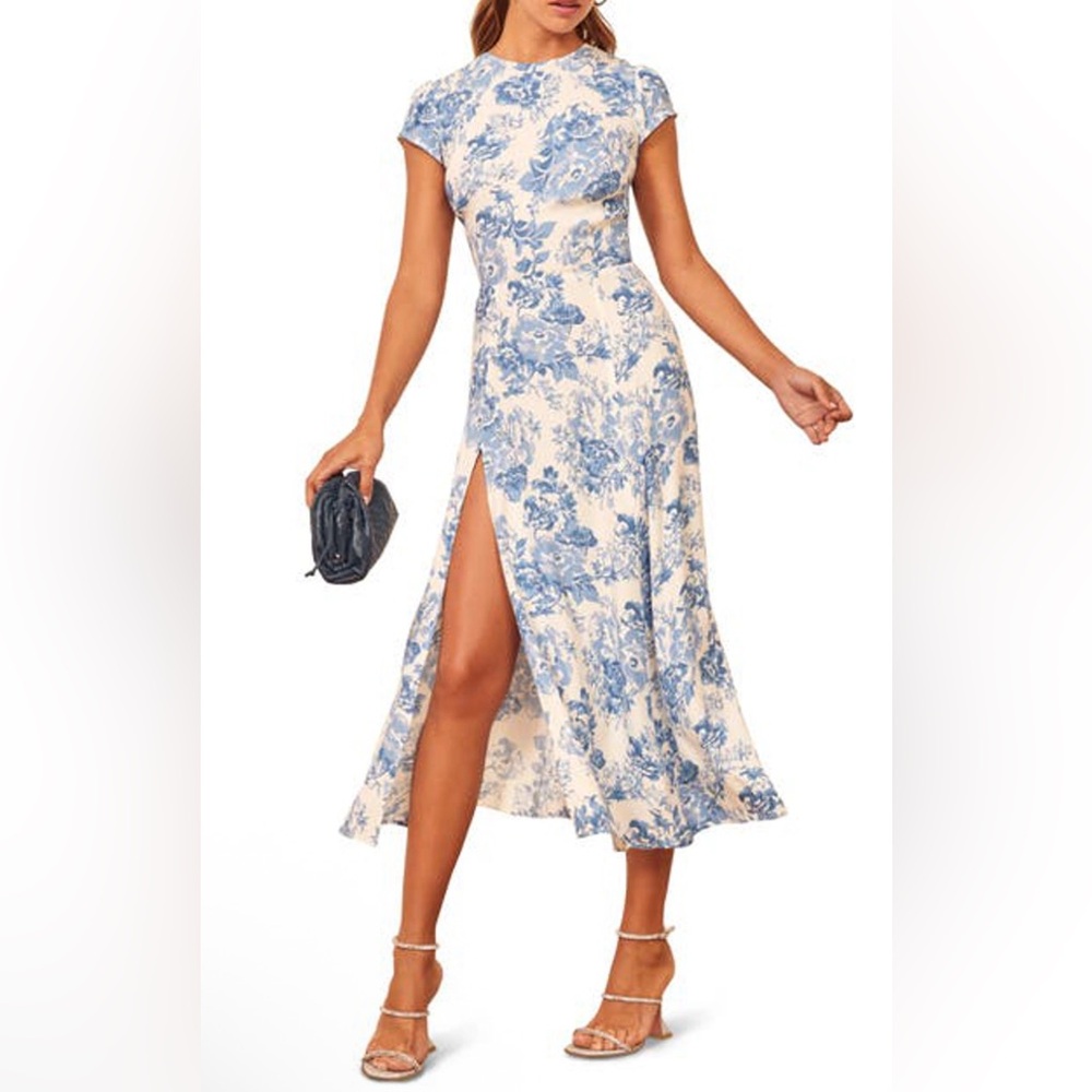 Reformation Blue Floral and Cream Midi Dress